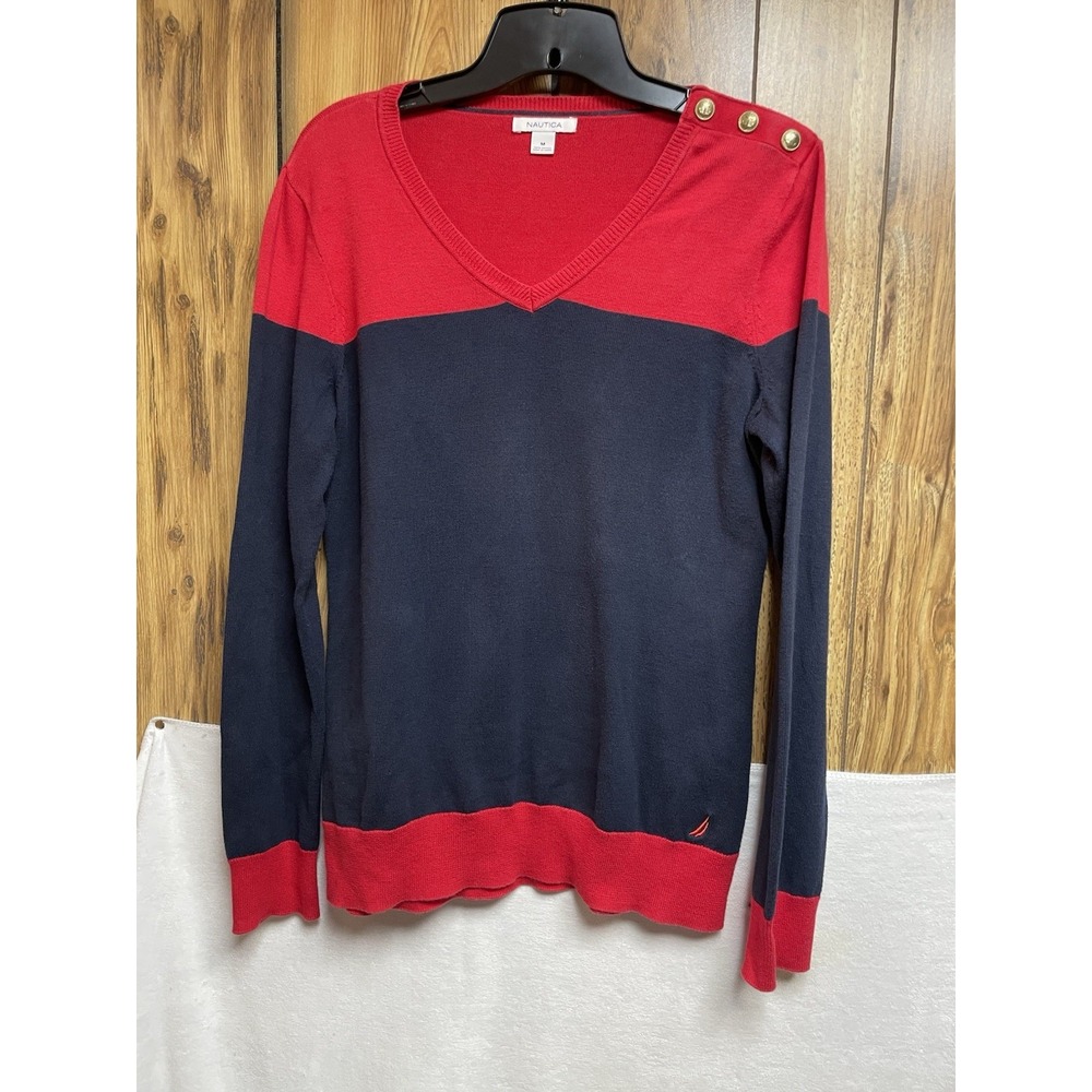 Nautica Womens Sweater Medium Red & Navy V-Neck Pullover Gold Buttons